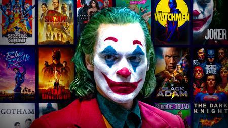 Joaquin Phoenix as Joker, DC Movie posters in background