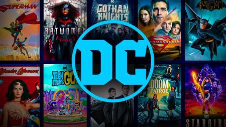 DC logo, superhero shows in background