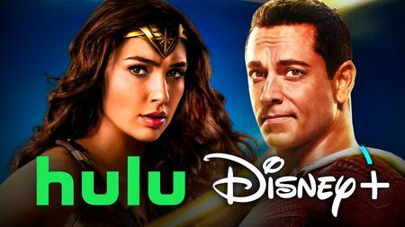 Gal Gadot as Wonder Woman, Zachary Levi as Shazam, Hulu and Disney Plus logos