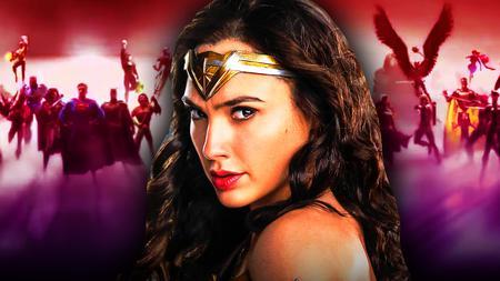 Gal Gadot, Wonder Woman with DC Superheroes in background