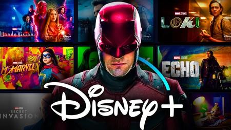 Daredevil, Disney Plus logo, marvel show posters in background