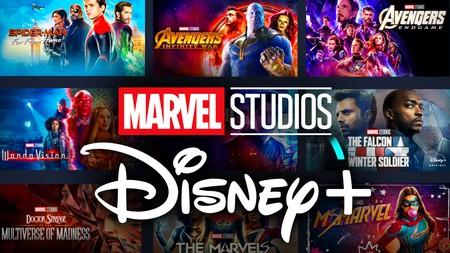 Marvel Studios and Disney Plus logos, Marvel movie and show posters in background