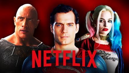 Dwayne Johnson as Black Adam, Henry Cavill as Superman, Margot Robbie as Harley Quinn, Netflix logo