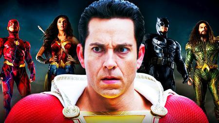 Shazam in front of Justice League members