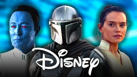 Grand Admiral Thrawn, Din Djarin as The Mandalorian, Daisy Ridley as Rey, Disney logo