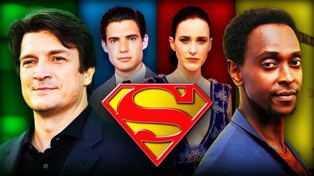 Superman logo, Nathan Fillion, David Corenswet, Rachel Brosnahan, Ed Gathegi