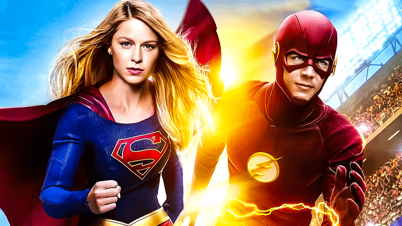 Melissa Benoist as Supergirl and Grant Gustin as The Flash on Worlds Finest promo poster