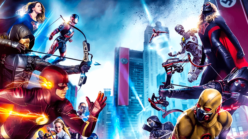 Supergirl, The Atom, Green Arrow, The Flash, Mr. Terrific, Sara Lance, Red Tornado, Metallo, Reverse Flash on Crisis on Earth-X promo poster