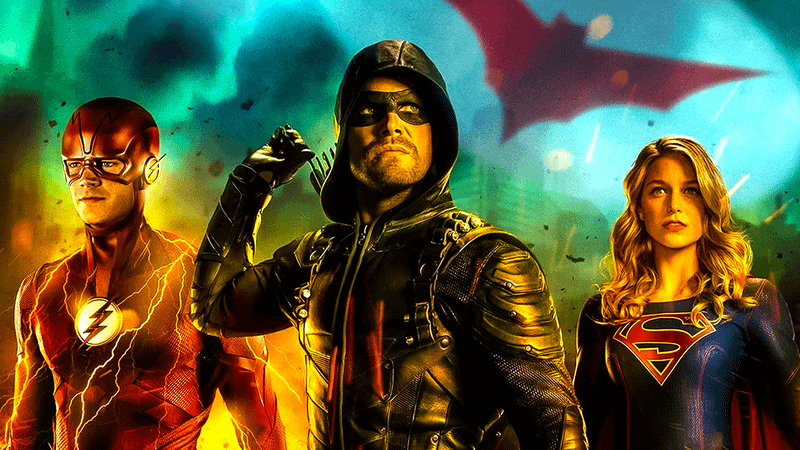 Grant Gustin as The Flash, Stephen Amell as Green Arrow, Melissa Benoist as Supergirl, Batwoman signal, Elseworlds promo poster