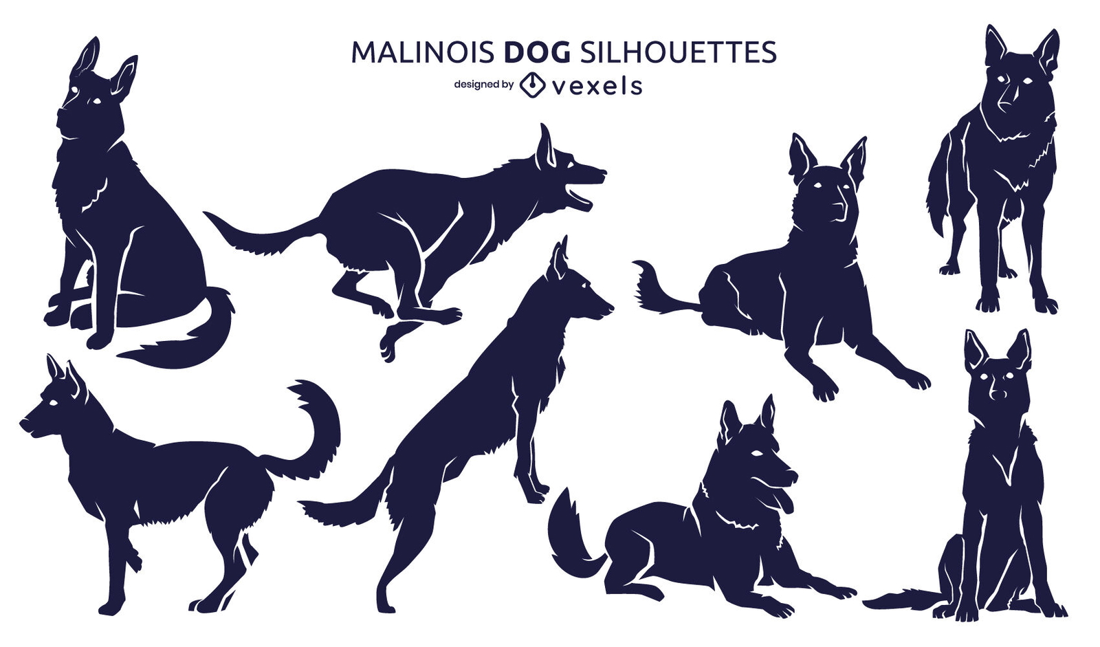 Belgian malinois dogs animal silhouette set