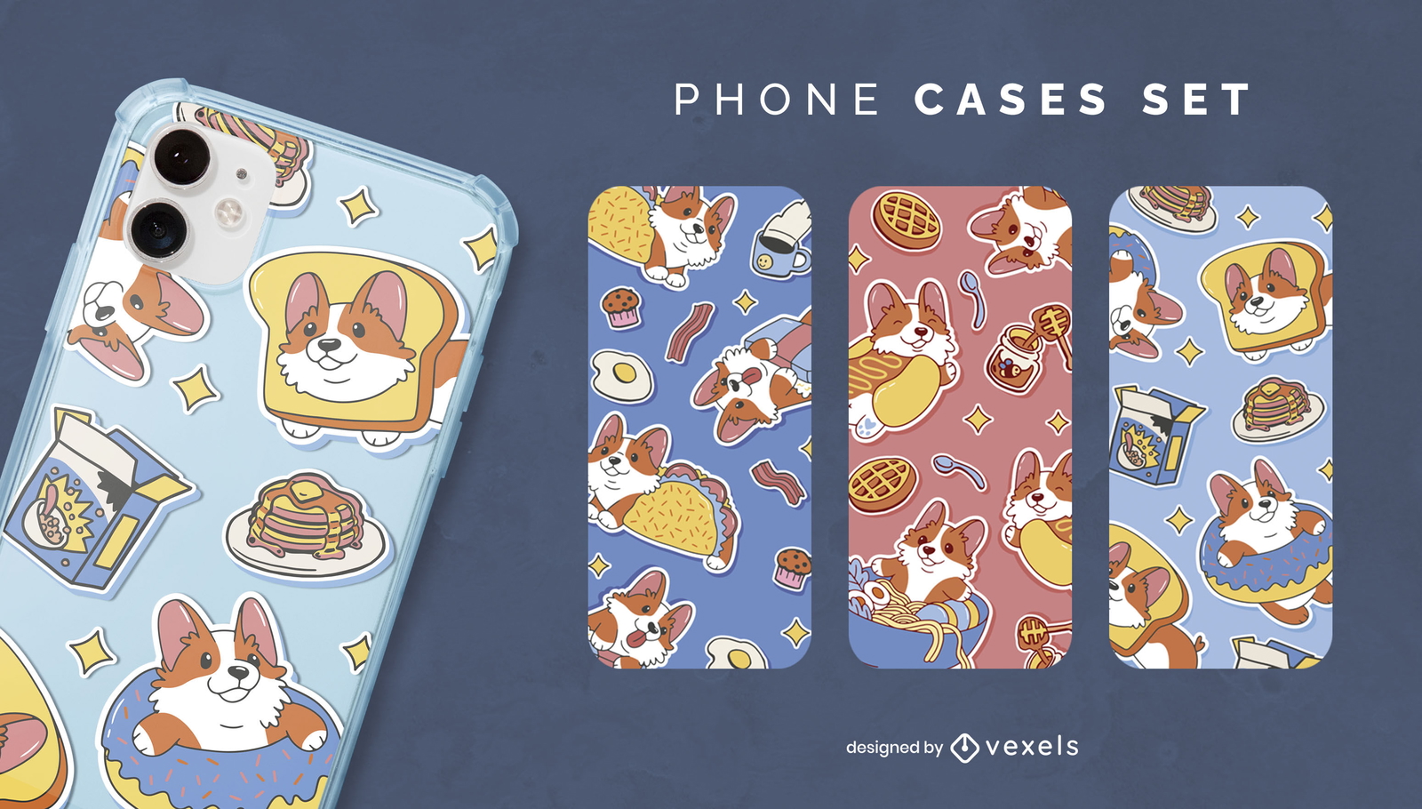 Corgi dog food character phone cases set