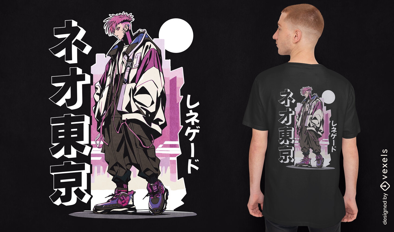 Anime-T-Shirt-Design für einen Mann mit rosa Haaren