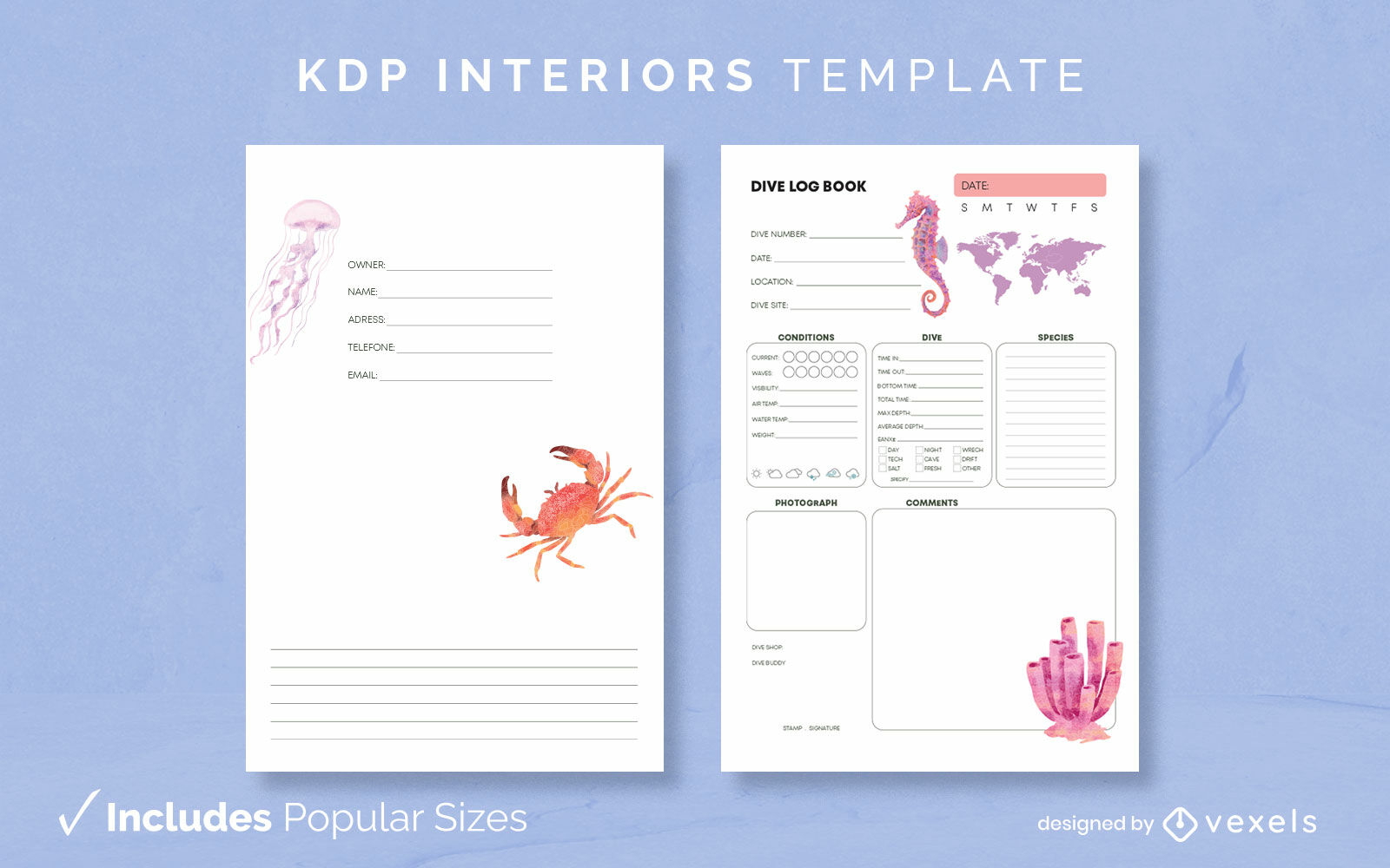 Marine life diving Daily Log Template KDP Interior Design