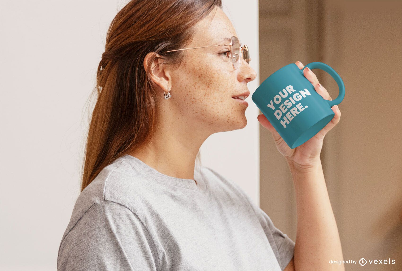 Woman in glasses indoor mug mockup