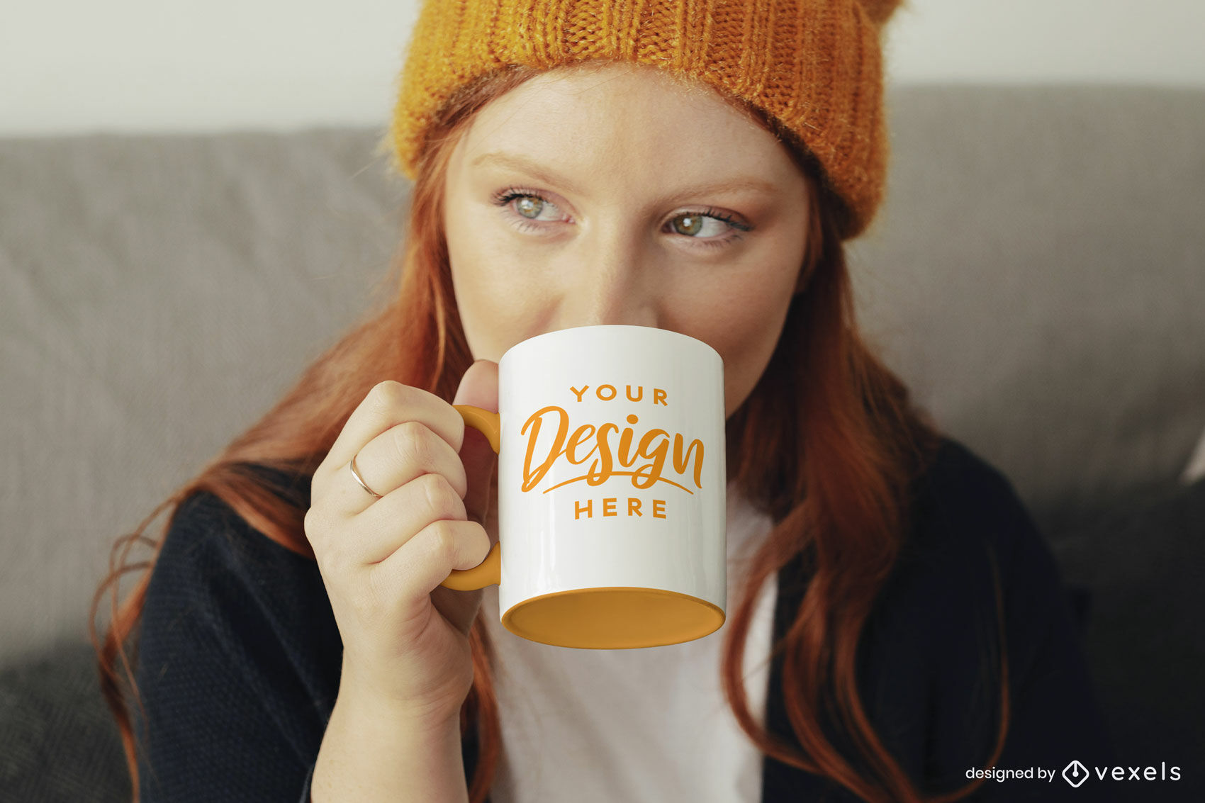 Girl with orange mug mockup psd