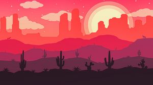 Preview wallpaper desert, cactus, sun, wolf, vector