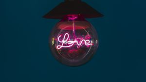 Preview wallpaper love, word, neon, light bulb, light, pink