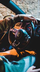 Preview wallpaper volkswagen, car, steering wheel, hand, salon