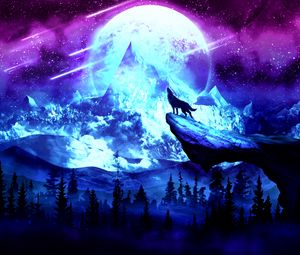 Preview wallpaper wolf, moon, night, mountains, art