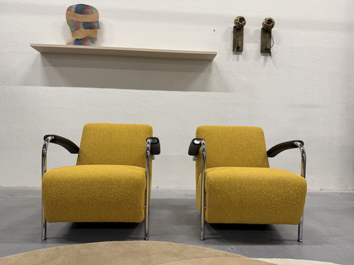 2 Leolux Scylla Armchairs Fabric Yellow Black Armrests