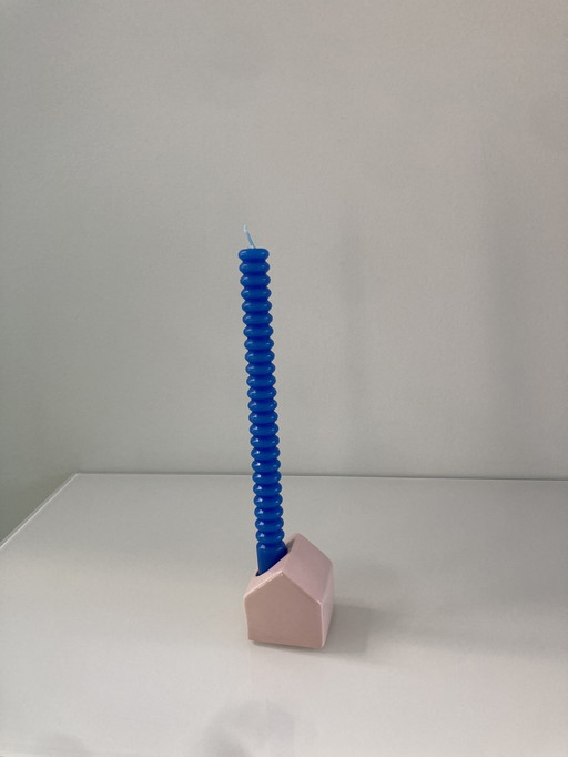 Pink Candlestick Of Ceramic In The Shape Of A House