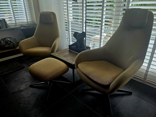 2X Design Armchairs Leolux Pode With Footstool And Pillows.