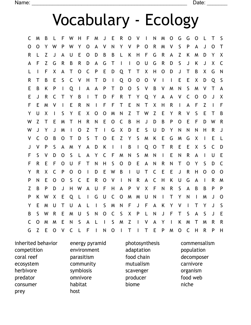 Vocabulary - Ecology Word Search