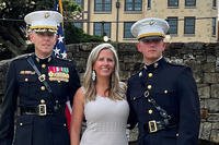 Weeks before his retirement, Marine Col. Aaron Cunningham, left, and his wife, Jennifer, joined their only son, Mason, this summer when he was commissioned as a Marine second lieutenant.