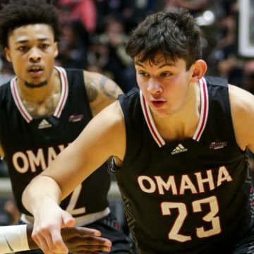 Omaha forward Frankie Fidler (23) drives to the net during the first half of an NCAA men's basketball game, Friday, Nov. 26, 2021 at Mackey Arena in West Lafayette.

Bkc Purdue Vs Omaha