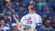 Sep 8, 2024; New York City, New York, USA;  New York Mets first baseman Pete Alonso (20) reacts after being called out on strikes in the eighth inning against the Cincinnati Reds at Citi Field. Mandatory Credit: Wendell Cruz-Imagn Images