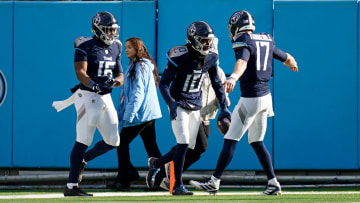 Tennessee Titans wide receiver DeAndre Hopkins (10) celebrates his touchdown against the Jacksonville Jaguars with quarterback Ryan Tannehill (17) during the third quarter at Nissan Stadium in Nashville, Tenn., Sunday, Jan. 7, 2024.