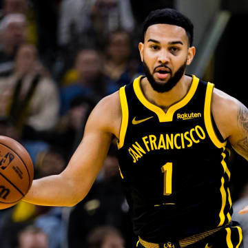 Nov 14, 2023; San Francisco, California, USA; Golden State Warriors guard Cory Joseph (1) takes the ball down the court against the Minnesota Timberwolves during the second half at Chase Center. Mandatory Credit: John Hefti-USA TODAY Sports