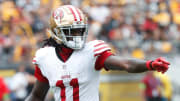 Sep 10, 2023; Pittsburgh, Pennsylvania, USA;  San Francisco 49ers wide receiver Brandon Aiyuk (11) gestures at the line of scrimmage against the Pittsburgh Steelers during the first quarter at Acrisure Stadium. Mandatory Credit: Charles LeClaire-USA TODAY Sports