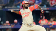 Jul 16, 2024; Arlington, Texas, USA; American League pitcher Emmanuel Clase of the Cleveland Guardians (48) pitches in the ninth inning during the 2024 MLB All-Star game at Globe Life Field. Mandatory Credit: Kevin Jairaj-USA TODAY Sports