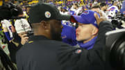 Dec 15, 2019; Pittsburgh, PA, USA;   Pittsburgh Steelers head coach Mike Tomlin (left) and Buffalo Bills head coach Sean McDermott (right) greet each other after the game at Heinz Field.  Buffalo won 17-10. Mandatory Credit: Charles LeClaire-USA TODAY Sports