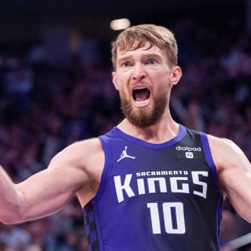 Apr 12, 2024; Sacramento, California, USA; Sacramento Kings forward Domantas Sabonis (10) reacts to a call during the fourth quarter at Golden 1 Center. Mandatory Credit: Ed Szczepanski-USA TODAY Sports