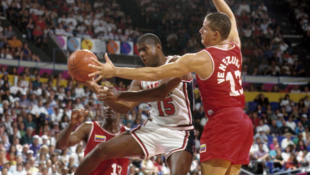 Jul 5, 1992; Portland, OR, USA: FILE PHOTO; USA dream team guard Magic Johnson (15) in action against Venezuela during the 1992 Tournament of the Americas at Memorial Coliseum. Mandatory Credit: USA TODAY Sports