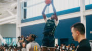 Team Oak Soldiers’ AJ Dybantsa (3) shoots the ball against Team Thad’s DeAndre Lewis (12) during the Nike Elite Youth Basketball League session one on Saturday, April 27, 2024 at the Memphis Sports & Event Center in Memphis, Tenn.