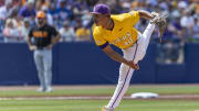 May 26, 2024; Hoover, AL, USA; LSU Tigers pitcher Fidel Ulloa (40) pitches against the Tennessee Volunteers during the championship game between Tennessee and LSU at the SEC Baseball Tournament at Hoover Metropolitan Stadium. Mandatory Credit: Vasha Hunt-USA TODAY Sports