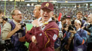 Jan 26, 1992; Minneapolis, MN, USA; FILE PHOTO; Super Bowl XXVI, Washington Redskins head coach Joe Gibbs  moments before winning his third Super Bowl at The Metrodome. The Redskins defeated the Bills 37-24. Mandatory Credit: Photo By USA TODAY Sports (c) Copyright 1992 USA TODAY Sports