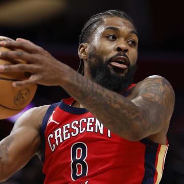 Mar 24, 2024; Detroit, Michigan, USA;  New Orleans Pelicans forward Naji Marshall (8) grabs the rebound in the second half against the Detroit Pistons at Little Caesars Arena. Mandatory Credit: Rick Osentoski-USA TODAY Sports