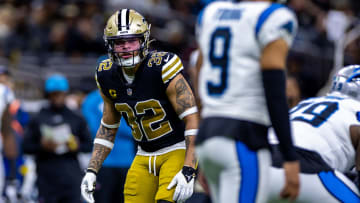 New Orleans Saints safety Tyrann Mathieu (32) stares down Carolina Panthers quarterback Bryce Young (9)