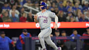 Sep 9, 2024; Toronto, Ontario, CAN; New York Mets first baseman Pete Alonso (20) scores on a single by designated hitter J.D. Martinez (not pictured) against the Toronto Blue Jays during the fourth inning at Rogers Centre. Mandatory Credit: John E. Sokolowski-Imagn Images