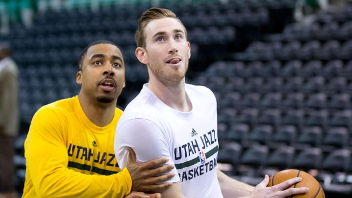 Jan 2, 2016; Salt Lake City, UT, USA; Utah Jazz forward Gordon Hayward (right) warms up with assistant coach Johnnie Bryant prior to the game against the Memphis Grizzlies at Vivint Smart Home Arena. Mandatory Credit: Russ Isabella-USA TODAY Sports