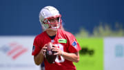 Jun 10, 2024; Foxborough, MA, USA; New England Patriots quarterback Drake Maye (10) throws a pass at minicamp at Gillette Stadium. Mandatory Credit: Eric Canha-USA TODAY Sports