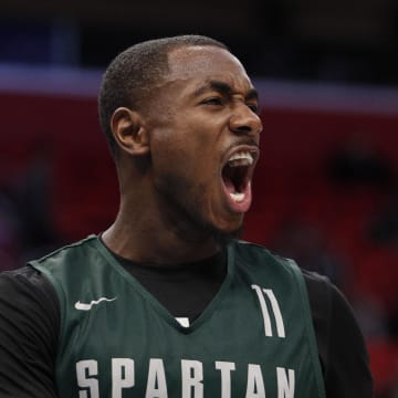 Mar 15, 2018; Detroit, MI, USA; Michigan State Spartans guard Lourawls Nairn Jr. (11) reacts during the practice day before the first round of the 2018 NCAA Tournament at Little Caesars Arena. Mandatory Credit: Raj Mehta-USA TODAY Sports