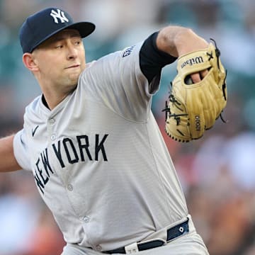 Jun 1, 2024; San Francisco, California, USA; New York Yankees starting pitcher Cody Poteet (72) throws a pitch against the San Francisco Giants during the first inning at Oracle Park. Mandatory Credit: Robert Edwards-Imagn Images