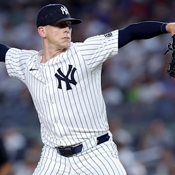 Jun 7, 2024; Bronx, New York, USA; New York Yankees relief pitcher Ian Hamilton (71) pitches against the Los Angeles Dodgers during the tenth inning at Yankee Stadium. Mandatory Credit: Brad Penner-Imagn Images