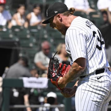Jul 10, 2024; Chicago, Illinois, USA;  Chicago White Sox pitcher Michael Kopech (34) reacts after a game against the Minnesota Twins at Guaranteed Rate Field. 