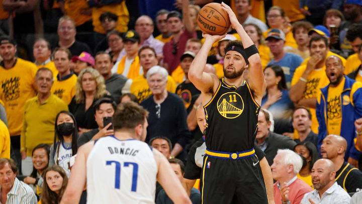 May 26, 2022; San Francisco, California, USA; Golden State Warriors guard Klay Thompson (11) shoots the ball against the Dallas Mavericks during the second half during game five of the 2022 western conference finals at Chase Center. Mandatory Credit: Cary Edmondson-USA TODAY Sports